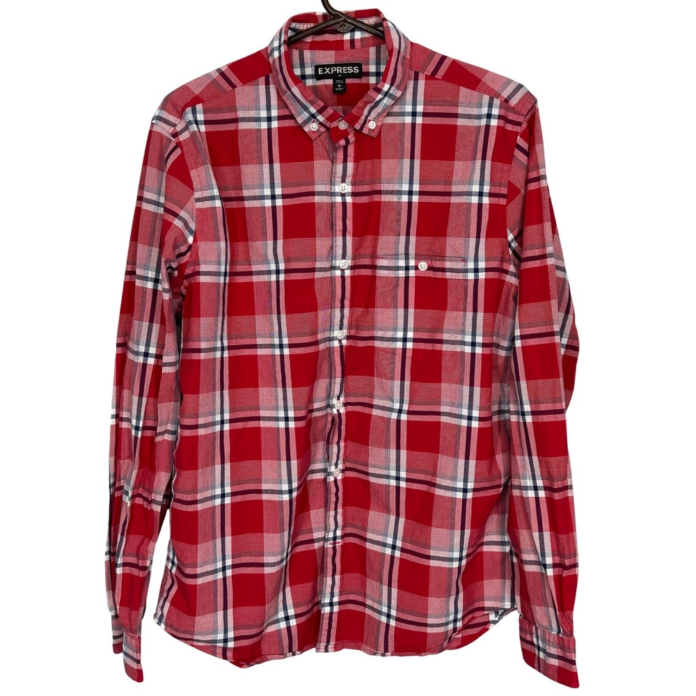 Express Red Blue Plaid Button Up Shirt Button‎ Down Collar Men's Large 16-16 1/2